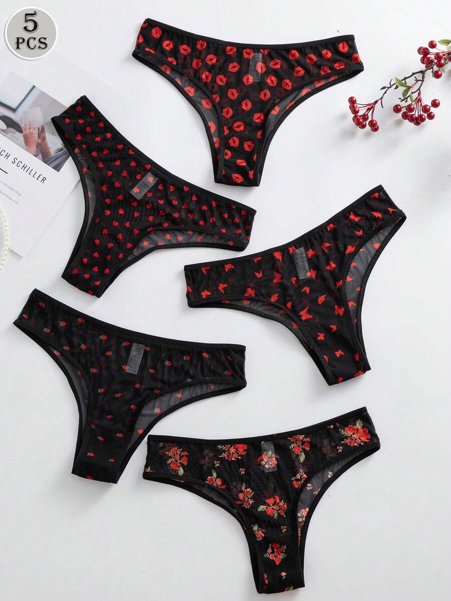 SHEIN 5件套浪漫爱心花卉网纱性感舒适百搭女士内裤 - 彩色 - 查看 1