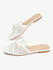 CUCCOO CHICEST Damenschuhe Damen Neue Sommer Quadratische Zehenkappe Flacher Boden Weiße Spitze Schleife Modische und elegante Damen Flache Sandalen Pantoffeln Geeignet für täglichen Arbeitsweg, Büro, Urlaub und andere Orte - 2025 Netto Weiß Nr. 2 - Übersicht 5