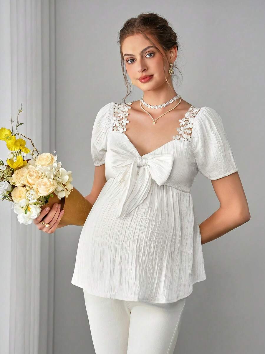 SHEIN Camisa de maternidad casual de unicolor con lazo y plisado para mujeres embarazadas, blusa elegante de fiesta para el verano, color amarillo - Blanco - Ver 1