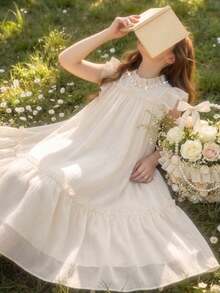 SHEIN 女童夏季新款珍珠裝飾蕾絲網紗無袖圓領公主風澎澎裙 - 杏色 - 查看 3
