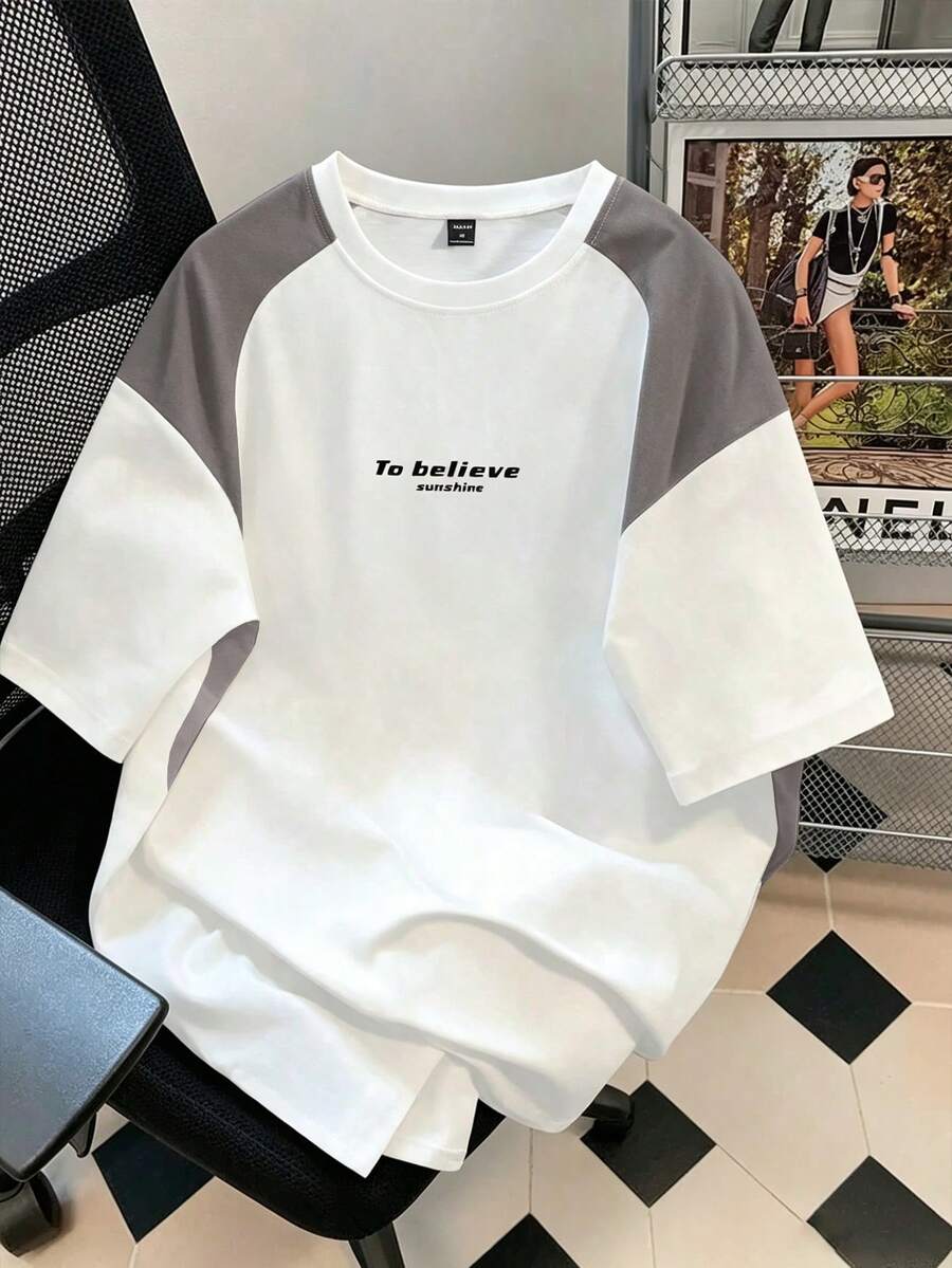 Manfinity Hypemode Kaos Lengan Pendek Kasual Pria dengan Desain Blok Warna, Kaos Musim Panas Pria - MultiWarna - View 1
