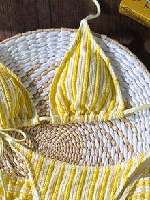 Swim Vcay 3pcs/Set Bohemian Style Crochet Fabric Drawstring Swimwear Cover Up Bikini Set - Yellow - View 3