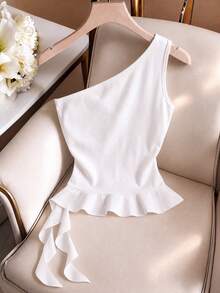 GlowEve Women's Elegant Solid Color Ruffle Hem Sleeveless Top, Summer - White - View 2