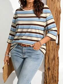 EMERY ROSE Plus Size Women Casual Striped Print Drop Shoulder T-Shirt, Suitable For Summer Wear - Multicolor - View 3