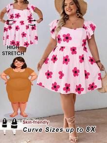 SHEIN CURVE+ 大码女式柠檬水果印花甜心领泡泡袖A字迷你连衣裙，夏季波西米亚风度假风 - 粉色 - 查看 7