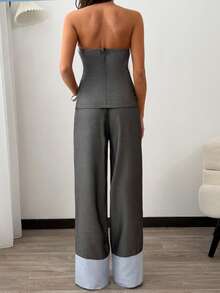 EURMUSE Damen, Frühling, Sommer, normale Länge, normale Passform, Lässig, Denim-Optik, trägerloses, geschichtetes Bustier-Top mit Hemddetails, Gürtel-Taille Peplum-Bustier, Zweiteiler aus gemischten Stoffen, Schwarzes Bustier und gestreiftes Hemd-Kombi, Highwaist Weite Hose mit Kontrastbündchen, Palazzo-Hose mit Nadelstreifen-Saum, Reißverschluss-Bustier-Top, Gegürtete Taille Korsett-Stil Top, abgestimmter Co-Ord Outfit, monochromes Schwarz-Ensemble mit rotem Accessoire-Akzent, rote Mini-Handtasche - Verschiedenfarbig - Übersicht 7