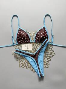 Swim Mod 2-Piece Polka Dot & Floral Print Halter Bikini Set, Sexy Triangle Top And High Cut Thong Bottoms, Spring/Summer Vacation - Multicolor - View 1