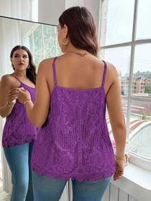 Reflora Plus Size Elegant Solid Color Lace Camisole For Summer - Red Violet - View 2