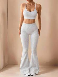 Easithlete 1pc Women's Seamless Sexy Leopard Print Workout Leggings, Yoga Fitness Dance Outdoor Wear Long Flare Pants - Multicolor - View 3