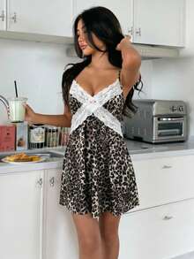 ZzzCrew Lace Trim Leopard Print Women's Camisole Nightgown - Multicolor - View 5