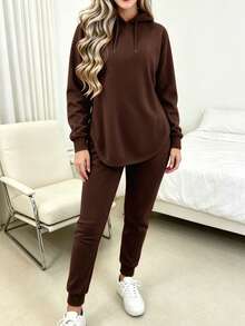 Tropvida Women's Solid Color Long Sleeve Drawstring Hooded Sweatshirt And Pants Casual 2 Pieces Set, Autumn - Coffee Brown - View 5