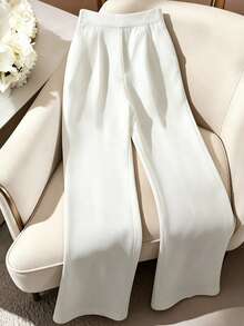 GlowEve Women's Elegant Commuter Solid Color 3D Floral Long Pants - White - View 2