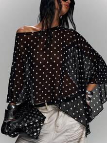 LYSMO 2026 New Minimalist Spring/Summer Women's Sheer Polka Dot Print Shawl Top, Sexy For Summer/ Summer Tops /Festival Outfits For Women / Festa Junina /Festa Junina Women's Clothing/Party Top/Beach Outfit For Women /Going Out Tops For Women /Casual Blouses For Women /Holiday Outfits For Women/Women's Country Clothing /Social Blouse /Polka Dot Top /Black Tops - Black and White - View 7