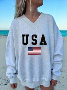SHEIN EZwear 美国国旗印花超大V领宽松休闲女式卫衣，适合日常通勤、约会、派对、秋冬夏、圣诞节、新年、感恩节、婚礼、海滩、毕业典礼、时尚、优雅、休闲、外出、约会、通勤、闪亮、情人节、优雅、度假、休闲、Y2K、外出、毕业典礼等场合。 - 灰色 - 查看 1