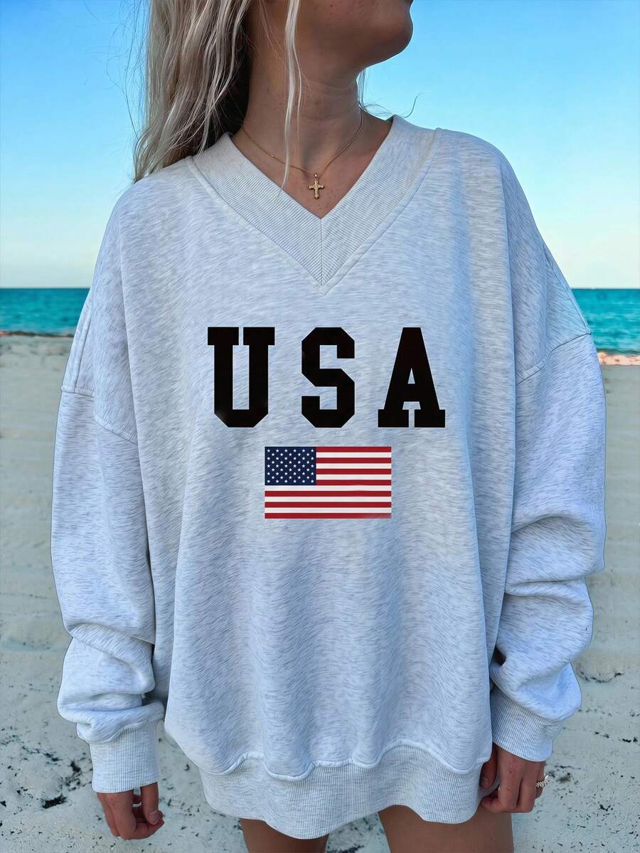 SHEIN EZwear 美国国旗印花超大V领宽松休闲女式卫衣,适合日常通勤、约会、派对、秋冬夏、圣诞节、新年、感恩节、婚礼、海滩、毕业典礼、时尚、优雅、休闲、外出、约会、通勤、闪亮、情人节、优雅、度假、休闲、Y2K、外出、毕业典礼等场合。 - 灰色 - 查看 1