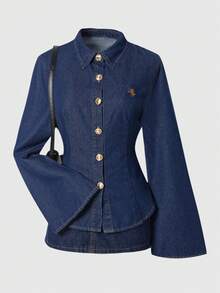 SHEIN MOD 大尺碼時尚 90年代休閒 1960年代馬刺繡前扣腰部喇叭袖牛仔襯衫，秋季穿搭，優雅上衣，海軍藍度假風 - 藍色 - 查看 3