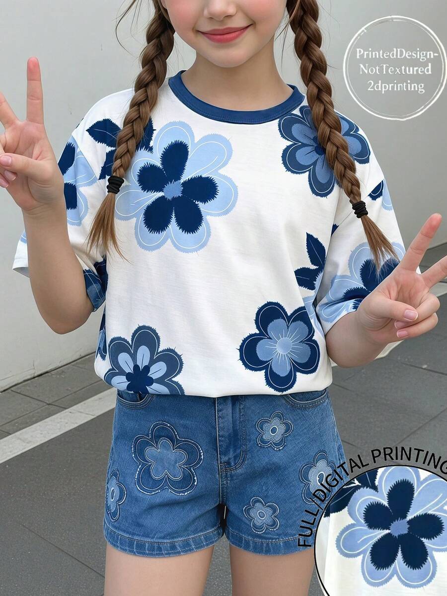 少女数码印花短袖短裤套装,休闲舒适的春夏装扮,时尚百搭,适合户外活动、野餐、街头摄影、居家、上学、节日庆典、送礼及日常穿着。 - 彩色 - 查看 1