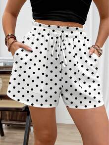 EMERY ROSE Plus Size White Black Polka Dot Ruffled Paperbag Elastic Drawstring High Waist Casual Shorts With Side Pockets Women Summer - Multicolor - View 1