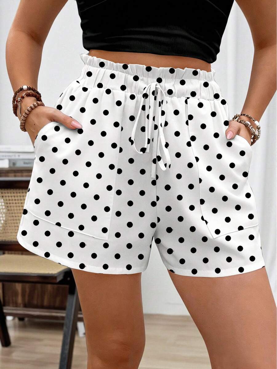 EMERY ROSE Plus Size White Black Polka Dot Ruffled Paperbag Elastic Drawstring High Waist Casual Shorts With Side Pockets Women Summer - Multicolor - View 1