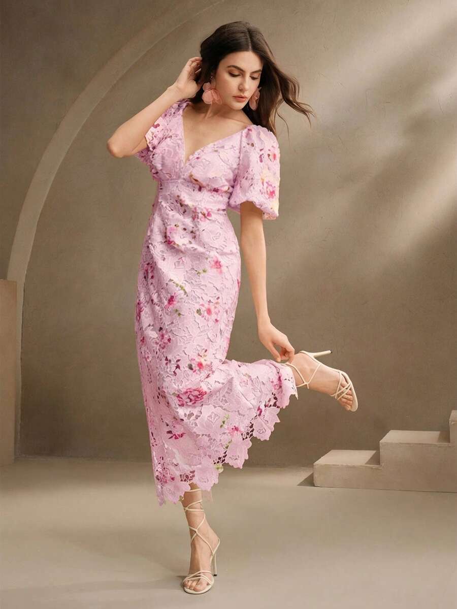 Anewsta 女士梭织水溶蕾丝泡泡袖短袖V领时尚印花连衣裙,花卉图案,春夏款,优雅 - 粉色 - 查看 1