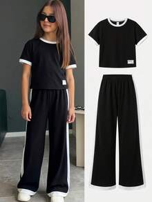 SHEIN 2件套女童针织撞色圆领休闲T恤和裤子套装 - 彩色 - 查看 3