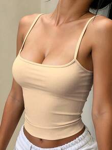INAWLY Solva Top de tirantes minimalista de unicolor casual para mujer - Beis - Ver 2