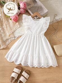 SHEIN Vintaside Kids 女童白色純色圓領荷葉袖洋裝，適合夏季、婚禮、旅行，花童仙女風 - 白色 - 查看 4
