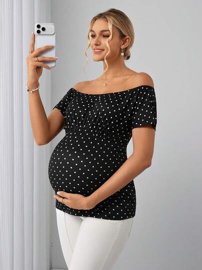 Momance Schwarz-weißer Polka-Punkte Off-Shoulder Bluse, schlank geschnitten, schmeichelhaft, Retro-Vibe, vielseitig für Arbeit und Dates, Umstandsshirt