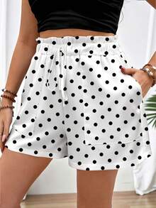 EMERY ROSE Plus Size White Black Polka Dot Ruffled Paperbag Elastic Drawstring High Waist Casual Shorts With Side Pockets Women Summer - Multicolor - View 3