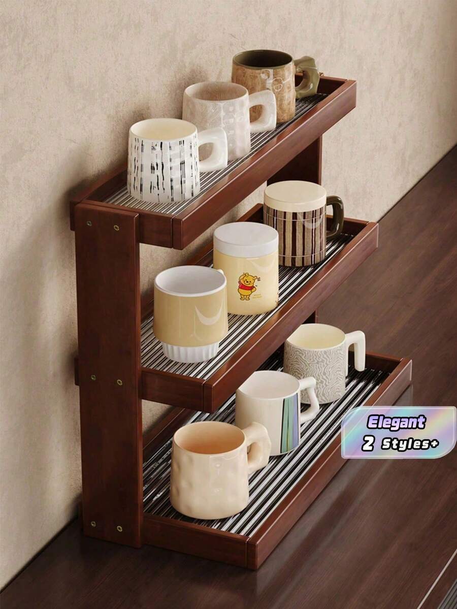 三层竹制咖啡吧台置物架——易于组装，是厨房、餐厅的理想之选，可用于收纳化妆品和口红。可放置马克杯和水杯。采用天然竹纹设计。节省空间的家居装饰和台面收纳佳品。竹制厨房用品。 - 胡桃色 - 查看 1