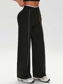 Dewbera Dewbera Women's Contrast Color Casual Straight Leg Fitness Workout Pants - Black and White - View 4