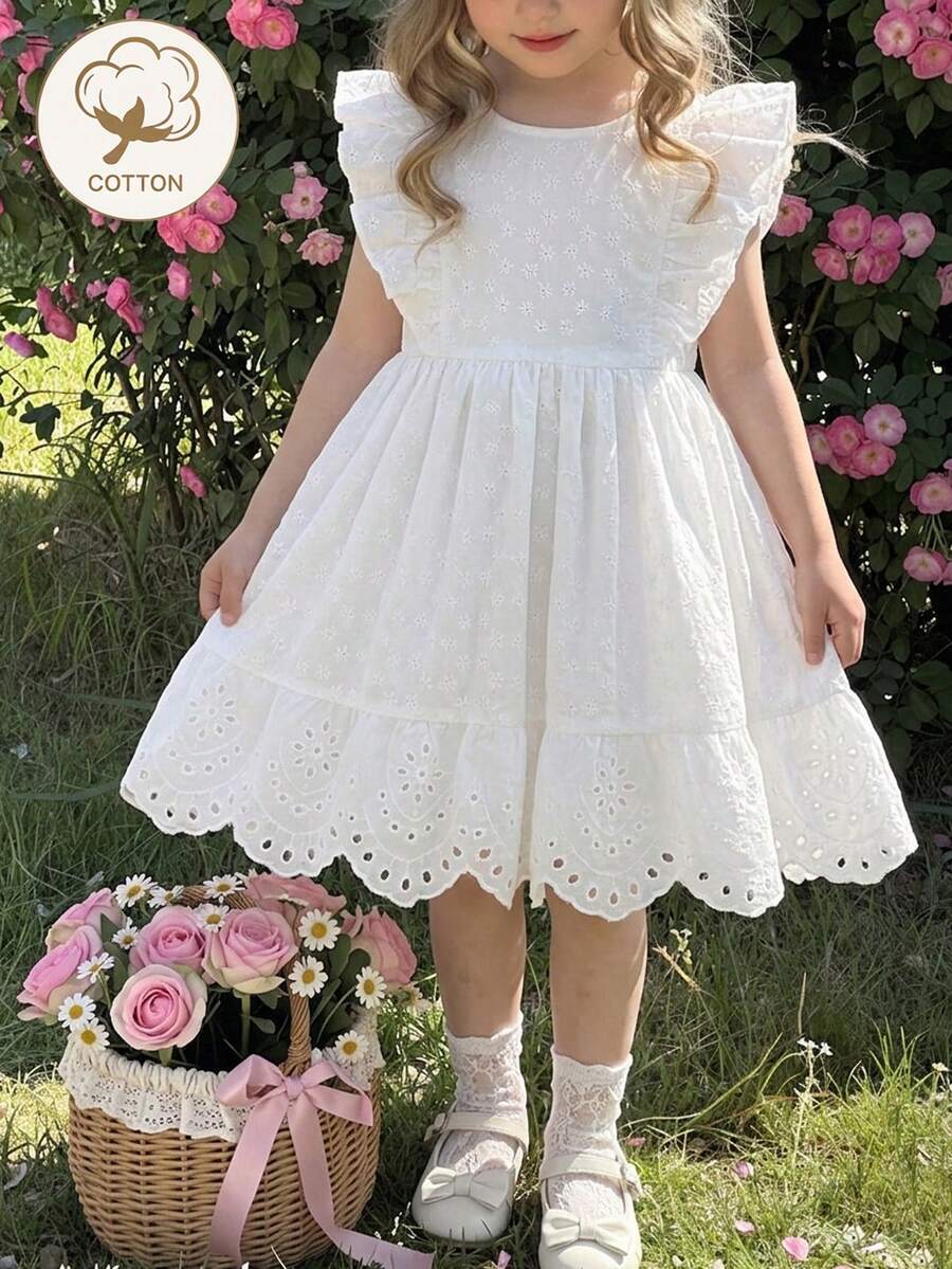 SHEIN Vintaside Kids 女童白色純色圓領荷葉袖洋裝，適合夏季、婚禮、旅行，花童仙女風