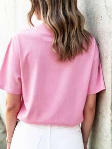 DrmWander Plus Size Women Letter Print Round Neck Short Sleeve Casual T-Shirt - Pink - View 2