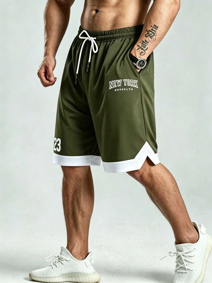 Gym Rark 男士對比色彈性腰抽繩休閒短褲，附口袋，寬鬆版型運動短褲，健身房適用 - 軍綠色 - 查看 1