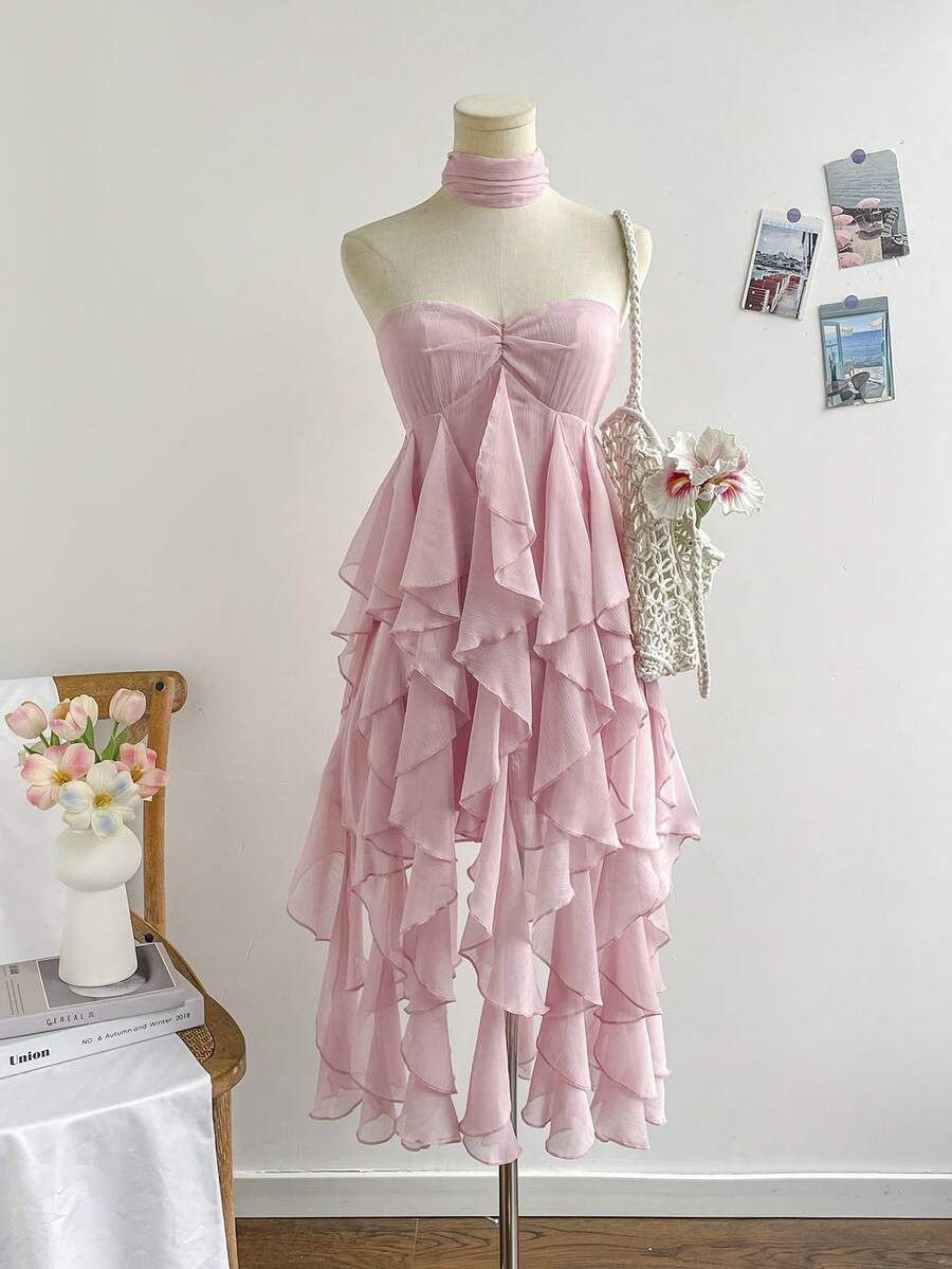 Soleia Women's Romantic Cute Elegant Vacation Style Solid Color Ruffle Bandeau Dress With Sash Soft Pink Summer - Baby Pink - View 1