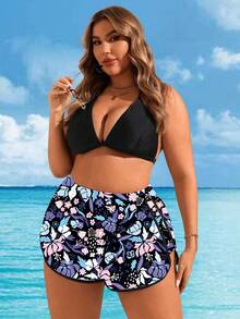 Swim Lushoire Celana Pendek Pantai Motif Bunga Ukuran Besar untuk Wanita, Cocok untuk Liburan - Hitam - View 7