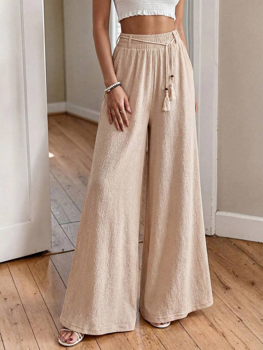 SHEIN Quần ống rộng dáng suông, có thắt lưng và túi, thích hợp cho mùa hè và mùa xuân. - Màu be - Xem 1