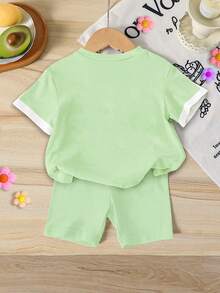 Elladie kids Conjunto de top de manga corta con cuello redondo y pantalones cortos ajustados con estampado de lazo y bloques de color para niñas pequeñas, adecuado para verano, escuela, hogar, exterior, adorable conjunto de verano para niñas pequeñas, estilo coreano - Multicolor - Ver 2