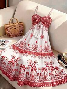 Vestido camisola vintage de estilo francés para mujer, con tirantes finos, diseño estampado, entallado, que estiliza la figura, adecuado para el verano, uso diario, vacaciones y citas. - Rojo - Ver 2