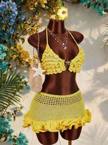 SaltGleam SaltGleam 2pcs Women Frill Trim Cropped Knit Top And Knit Mini Skirt Set - Yellow - View 1
