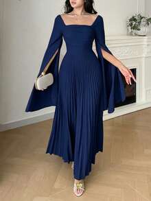 Modelyn Solid Color Square Collar Pleated Cape Sleeve Elegant Dress - Navy Blue - View 4
