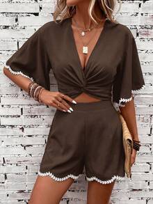 SHEIN Clasi Women's Colorblock Ruffle Trim Elegant Vacation Shorts Set - Coffee Brown - View 3