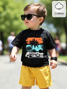 两件套幼儿男童撞色椰树印花圆领短袖纯棉T恤和松紧腰短裤套装，婴儿服装，男童T恤套装，夏季套装，适合6个月至3岁，海滩度假风，休闲度假风，韩版时尚，海滩度假装 - 彩色 - 查看 2