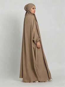 Al Najma 吉尔巴布连体祈祷服，穆斯林女性端庄连帽长袍，迪拜全罩式罩袍，伊斯兰头巾希玛尔尼卡布阿巴雅长袍 - 卡其色 - 查看 2