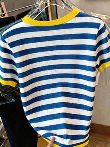 DrmWander Kaos Kasual Lengan Pendek Leher Bulat Motif Huruf & Garis untuk Wanita Ukuran Besar - MultiWarna - View 2