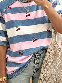 EMERY ROSE Camiseta casual versátil de mujer con cuello redondo, manga corta y diseño de rayas y patchwork - Multicolor - Ver 3