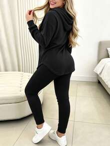 Tropvida 2pcs Set Women Plain Long Sleeve Hoodie Top And Long Pants Fall Cloth For Women - Black - View 2