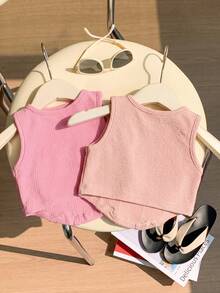 SHEIN 2件套女童休闲纯色无袖方领针织背心，夏季 - 粉色 - 查看 2