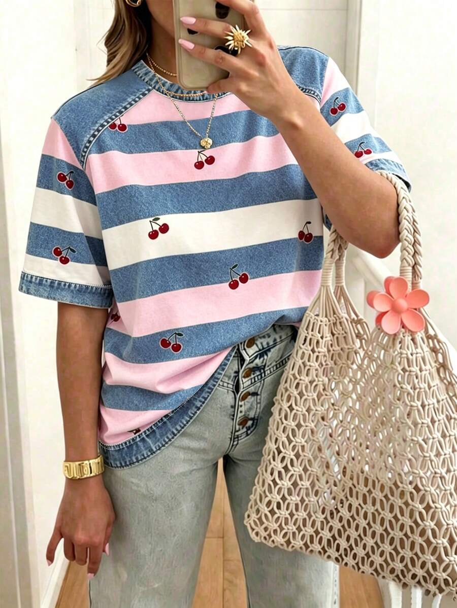 EMERY ROSE Camiseta casual versátil de mujer con cuello redondo, manga corta y diseño de rayas y patchwork - Multicolor - Ver 1