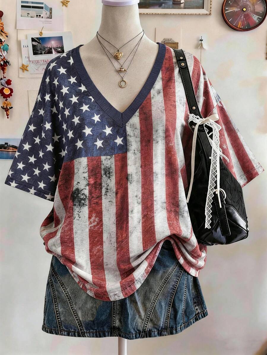 Lalippa American Flag Digital Print V-Neck T-Shirt, Fashionable & Minimalist, Gift For Friends - Multicolor - View 1